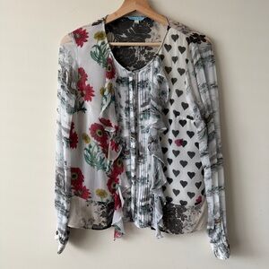 Mixed Print Ruffle Front Blouse - White with Red Floral & Black Hearts